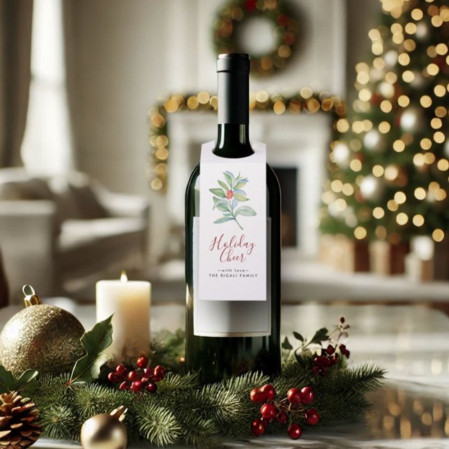 Étiquettes Pour Bouteilles Aquarelle Noël Holly & Berries (Christmas wine gift tags watercolor art by Victoria Grigaliunas of Do Tell A Belle)