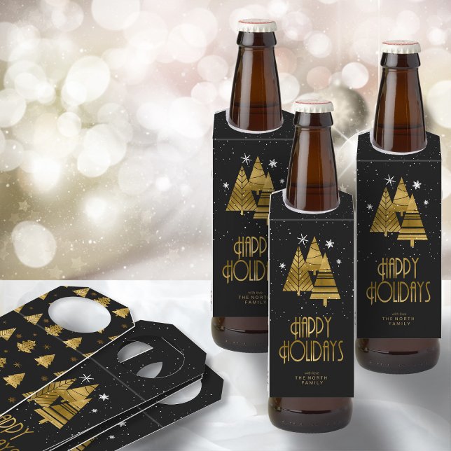 Étiquettes Pour Bouteilles Arbres de Noël et flocons de neige Gold ID863 (Front/Back In Situ)