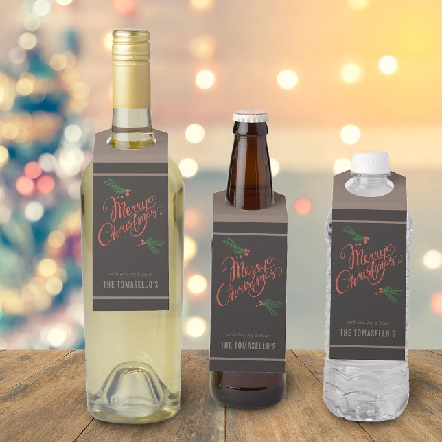 Étiquettes Pour Bouteilles Baies sèches de Noël Joyeuses (Traditional Merry Christmas Holly Berries Bottle Hanger Tag)