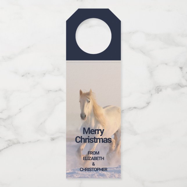 Étiquettes Pour Bouteilles Beau Cheval Blanc Galopant dans la Neige (Devant)