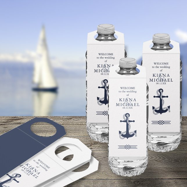 Étiquettes Pour Bouteilles Blue Wave Ancre Mariage Navy/Wht ID836 (Front/Back In Situ)