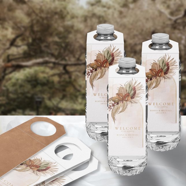 Étiquettes Pour Bouteilles Boho Oasis Mariage Floral ID959 (Front/Back In Situ)