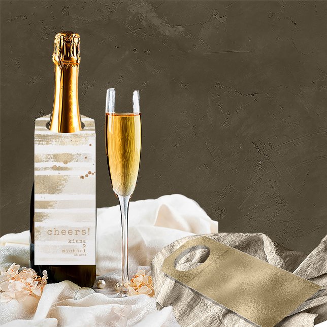 Étiquettes Pour Bouteilles Brush Golden Stroke Stripes Mariage Cheers ID655 (Front/Back In Situ)