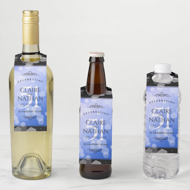 Étiquettes Pour Bouteilles Célébration du 51e anniversaire de mariage saphir  (En situation)