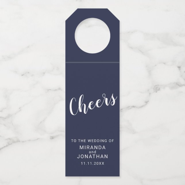 Étiquettes Pour Bouteilles 'Cheers' Écriture Moderne Mariage Bleu Marine (Devant)