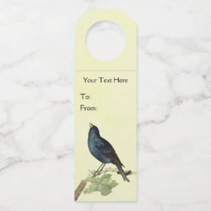 Étiquettes Pour Bouteilles Chenille oiseau noir joli sur branche jaune
