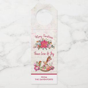 Étiquettes Pour Bouteilles Cheval rocheux victorien et Poinsettia Noël