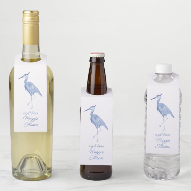 Étiquettes Pour Bouteilles Chinoiserie Aquarelle Bleu Héron Oiseau (En situation)