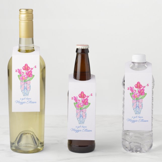 Étiquettes Pour Bouteilles Chinoiserie Aquarelle Ginger Jar Orchidées (En situation)