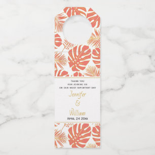 Étiquettes Pour Bouteilles Corail moderne et or tropical feuille mariage