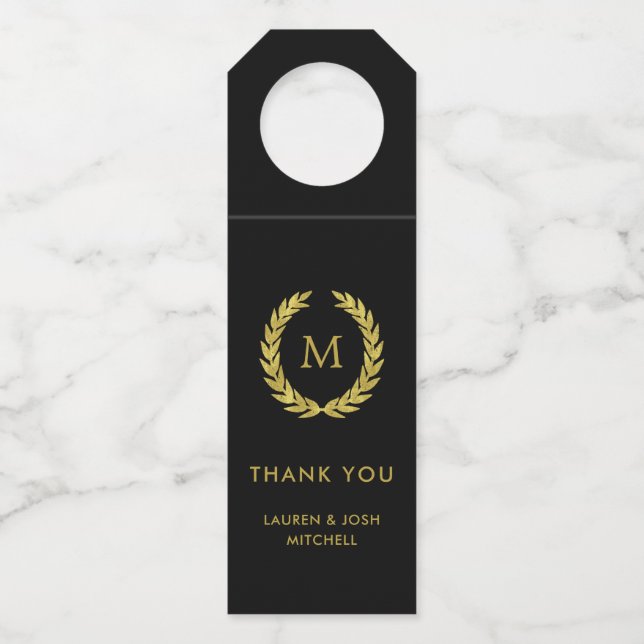 Étiquettes Pour Bouteilles Couronne élégante or et noir | Monogramme (Devant)