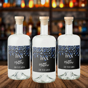 Étiquettes Pour Bouteilles De Liqueur Anniversaire de fête noir marine bleu confetti nom