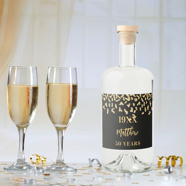 Étiquettes Pour Bouteilles De Liqueur Anniversaire fête Noir confetti nom années (Créateur téléchargé)