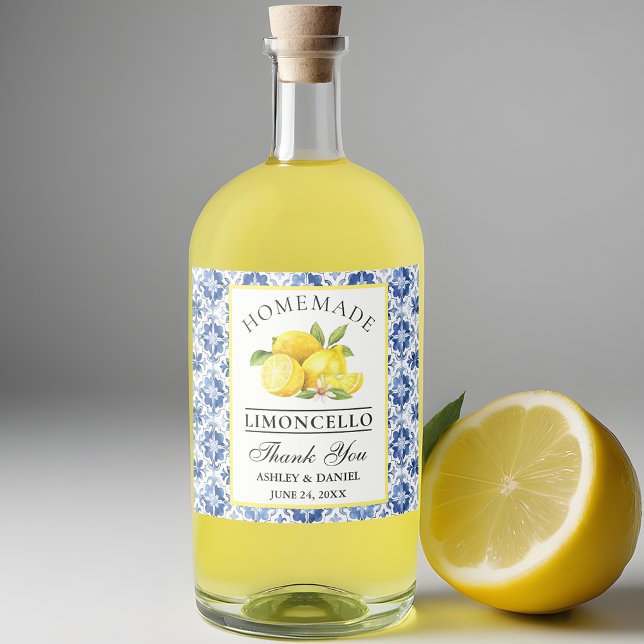 Étiquettes Pour Bouteilles De Liqueur Aquarelle Citrons Carrelage bleu Limoncello (Customize to change text size, color or text style.)