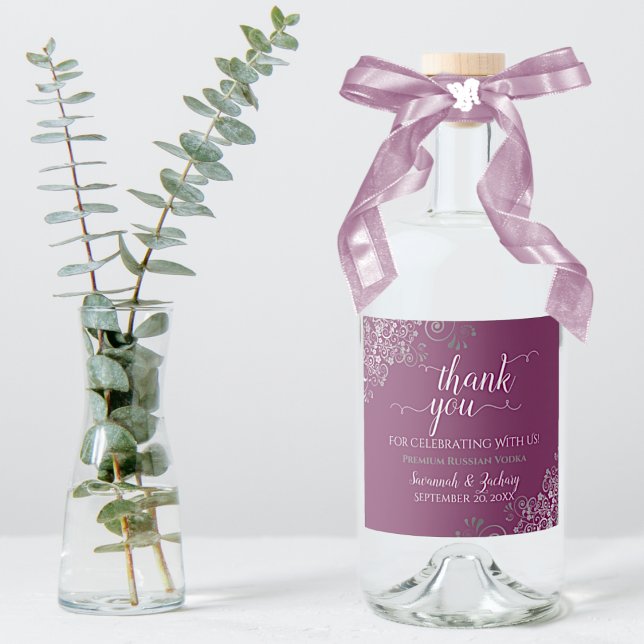 Étiquettes Pour Bouteilles De Liqueur Argent frileux sur Cassis Merci Mariage violet (In Situ with Plant and Bow)