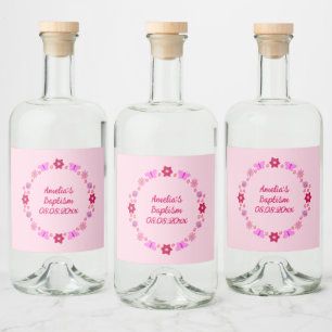 Étiquettes Pour Bouteilles De Liqueur Bébé rose Papillons et fleurs Baptême