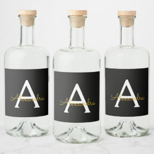 Étiquettes Pour Bouteilles De Liqueur Black Gold Modern Script Girl Monogramme Nom