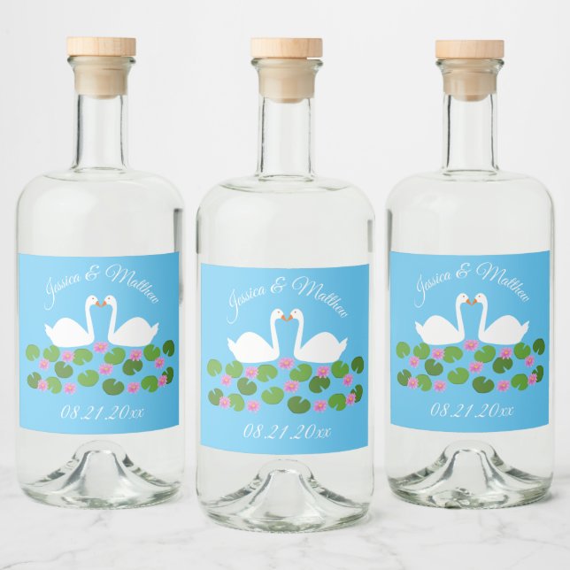 Étiquettes Pour Bouteilles De Liqueur Cygnes blancs et nénuphars Mariage Personnalisé (Bouteilles)