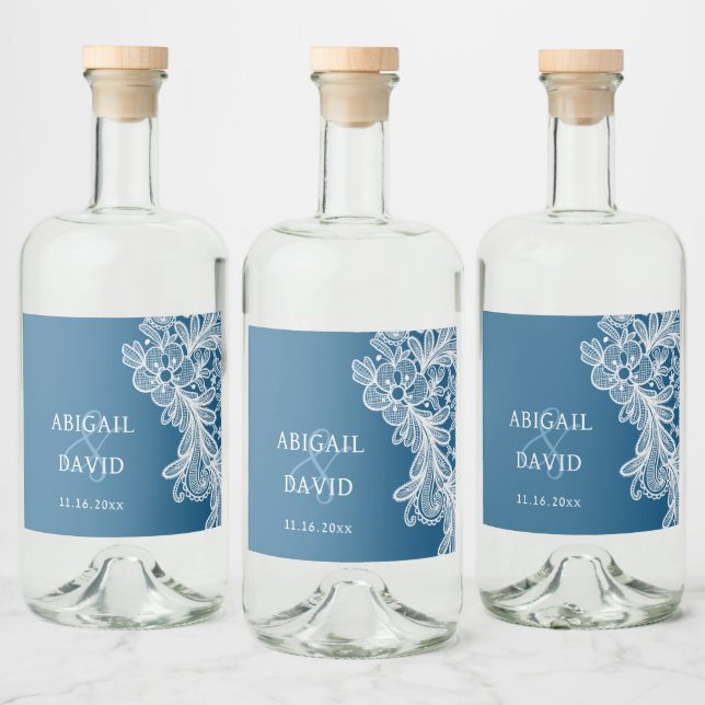 Étiquettes Pour Bouteilles De Liqueur Dentelle blanche sur Mariage bleu (Bouteilles)