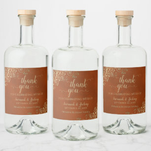 Étiquettes Pour Bouteilles De Liqueur Dentelle d'or sur rouille Orange Merci de mariage