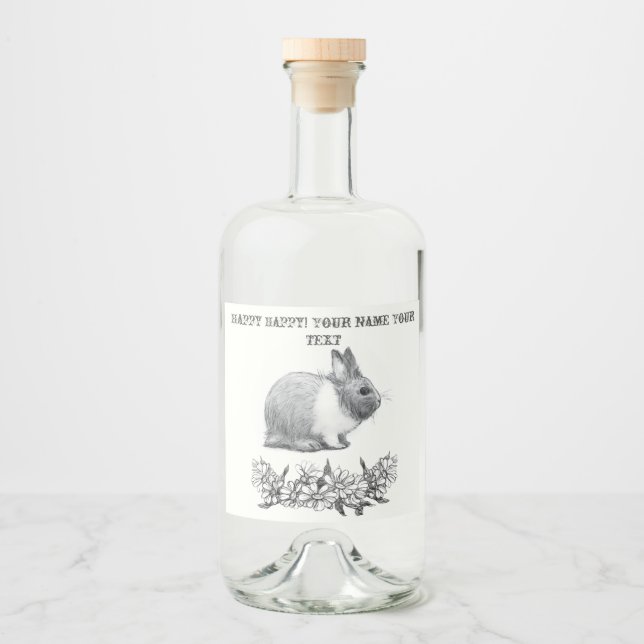 Étiquettes Pour Bouteilles De Liqueur Fluffez le lapin. Carton noir monochrome (Devant)