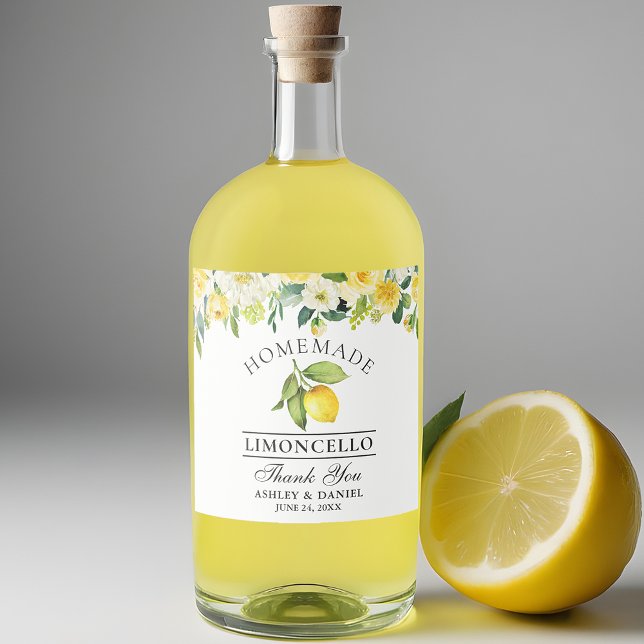 Étiquettes Pour Bouteilles De Liqueur Limoncello Aquarelle Lémon Floral (Customize to change text size, color or text style.)