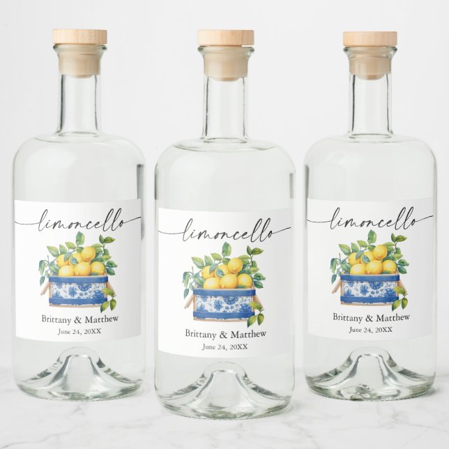 Étiquettes Pour Bouteilles De Liqueur Limoncello Calligraphie Aquarelle Citron Bleu (Bouteilles)