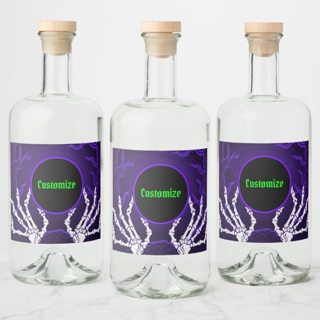 Étiquettes Pour Bouteilles De Liqueur Mains pourpres de squelette (Bouteilles)