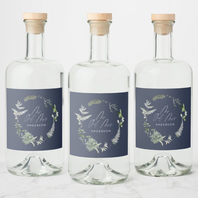 Étiquettes Pour Bouteilles De Liqueur Mariage de script botanique moderne bleu marine (Bouteilles)