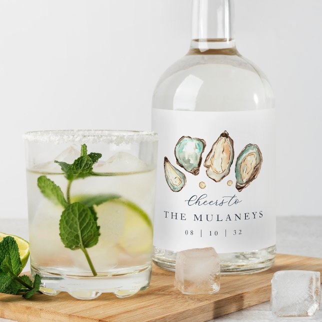 Étiquettes Pour Bouteilles De Liqueur Mariage d'huîtres d'aquarelle côtière (Créateur téléchargé)