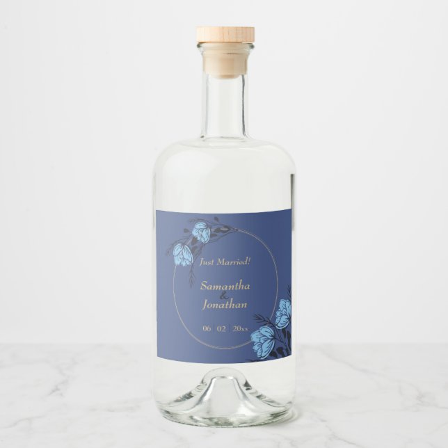 Étiquettes Pour Bouteilles De Liqueur Mariage Fleur Bleu (Devant)