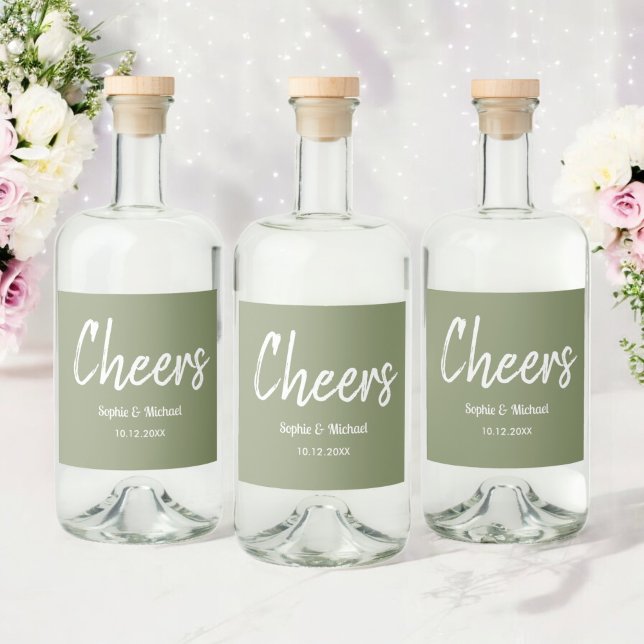 Étiquettes Pour Bouteilles De Liqueur Mariage vert Sage Cheers Élégant (Créateur téléchargé)