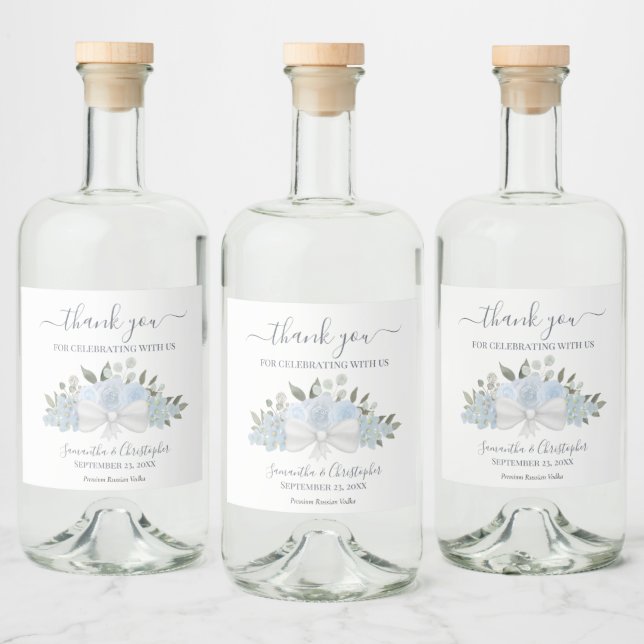 Étiquettes Pour Bouteilles De Liqueur Merci Mariage de Bouquet bleu Dusty (Bouteilles)