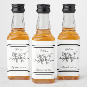 Étiquettes Pour Bouteilles De Liqueur Monogramme blanc élégant Mariage élégant Mini