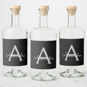Étiquettes Pour Bouteilles De Liqueur Noir Argent moderne Script Girl Monogramme Nom