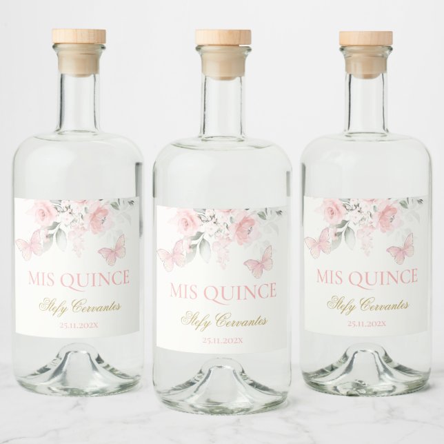Étiquettes Pour Bouteilles De Liqueur Papillon rose Quinceañera (Bouteilles)