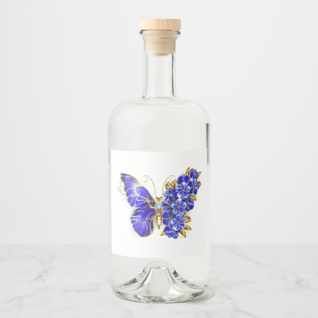 Étiquettes Pour Bouteilles De Liqueur Papillon saphir à fleurs (Devant)