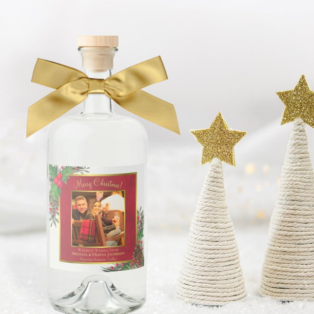 Étiquettes Pour Bouteilles De Liqueur Photo Holly & Pine Merry Christmas Gold Frame (In Situ with Bow)
