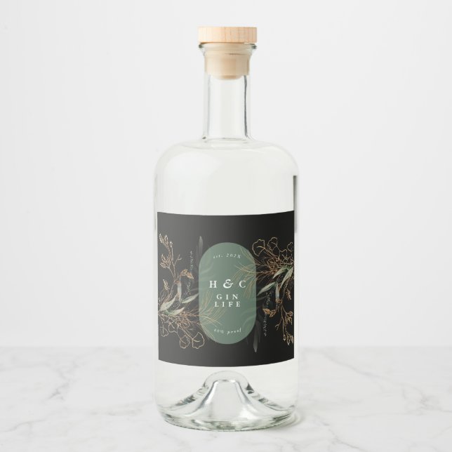 Étiquettes Pour Bouteilles De Liqueur Premium Abstrait Black Modern Eucalyptus Oval Gin (Devant)