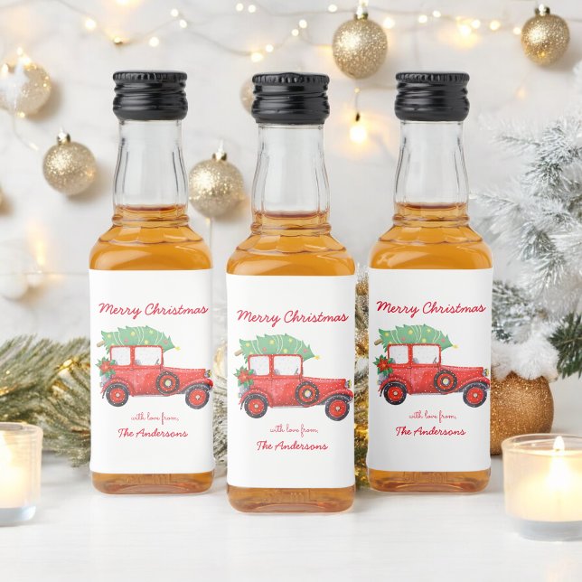 Étiquettes Pour Bouteilles De Liqueur Red Truck Noël Green Tree Holiday (Créateur téléchargé)