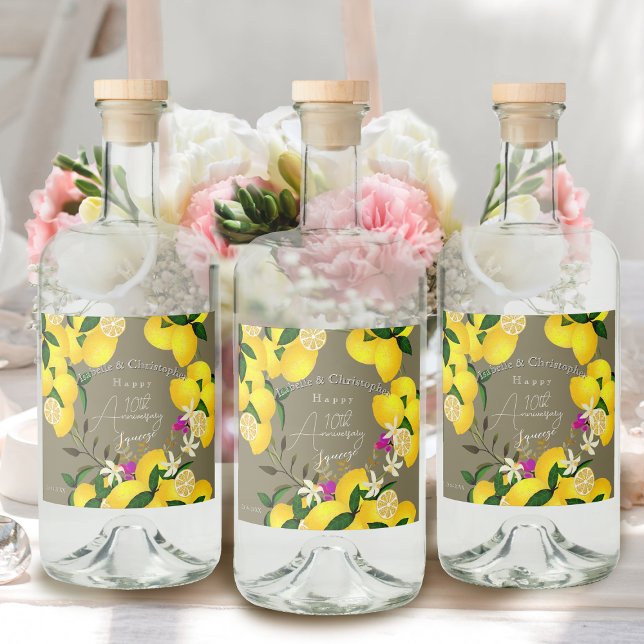 Étiquettes Pour Bouteilles De Liqueur Serre-citron  (10th Wedding Anniversary Lemon Squeeze Liquor Label)