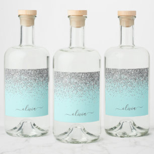 Étiquettes Pour Bouteilles De Liqueur Silver Aqua Blue Parties scintillant Turquoise Mon