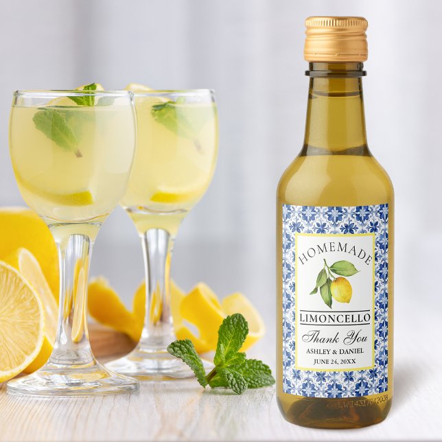 Étiquettes Pour Bouteilles De Vin Aquarelle Citron Carrelage bleu Limoncello Mini Ét (Customize to change text size, color or text style.)