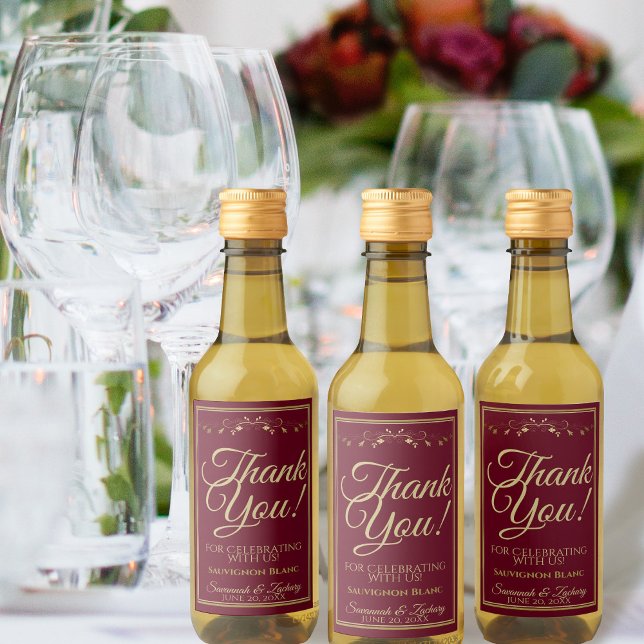 Étiquettes Pour Bouteilles De Vin Bourgogne Maroon & Gold Mariage Merci Mini (Créateur téléchargé)