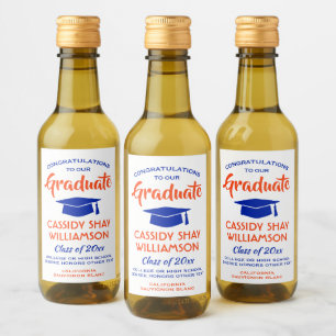 Étiquettes Pour Bouteilles De Vin Graduation Congrats Moderne Orange et Blue Mini
