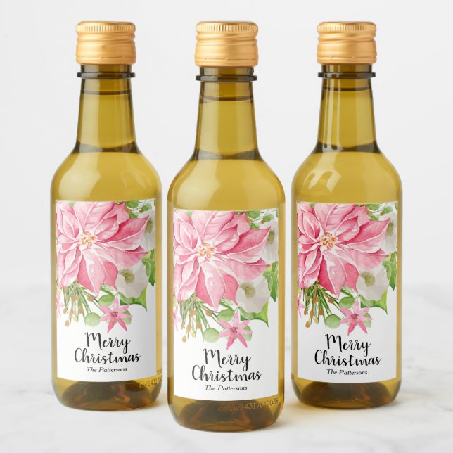 Étiquettes Pour Bouteilles De Vin Joyeux Noël Floral Poinsettia Vacances Mini (Bouteilles)