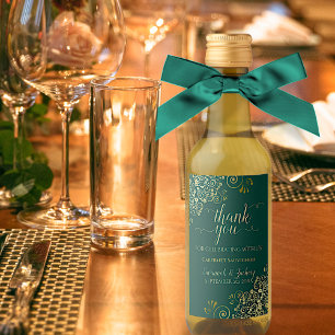 Étiquettes Pour Bouteilles De Vin Lacy Gold sur Emerald Green Mariage Merci Mini
