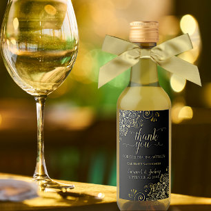 Étiquettes Pour Bouteilles De Vin Lacy Gold sur le Merci Mariage noir Mini