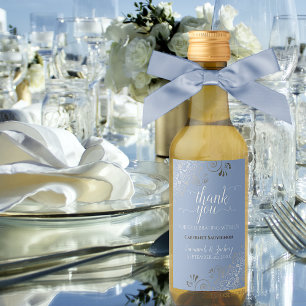 Étiquettes Pour Bouteilles De Vin Lacy Silver on Light Blue Wedding Thank You Mini
