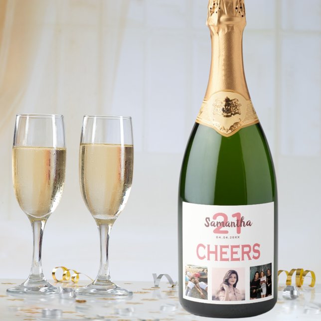 Étiquettes Pour Bouteilles De Vin Mousseux 21e anniversaire blush blanc fête applaudissements (Créateur téléchargé)